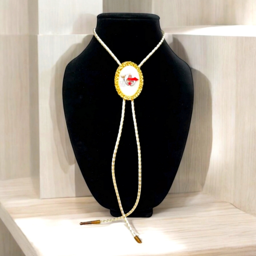 Vintage Shriners Masonic Freemason Enamel Faux Pearl & Gold Tone Bolo Tie Gift